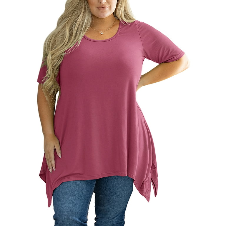 SHOWMALL Plus Size Tunic Tops for Women Clothes Short Sleeve Mauve Summer  5X Blouse Swing Tee Crewneck Clothing Flowy Shirt for Leggings