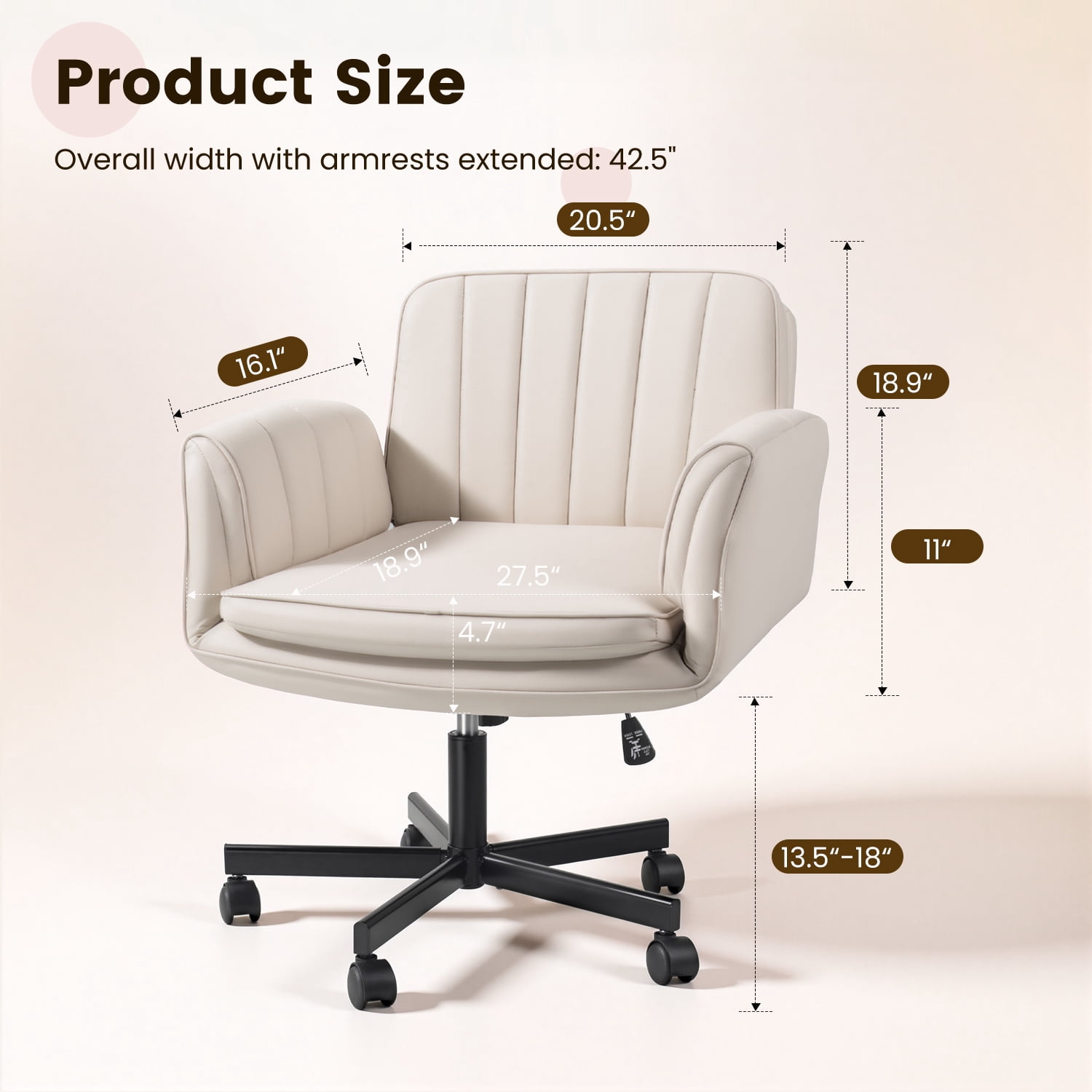 Waleaf Criss Cross Chair with Wheels & Armrests, Criss Cross Office Swivel Chair, PU Leather Vanity Chair with Back, Beige Comfortable Adjustable Vanity Desk Chairs for Home Office and Bedroom