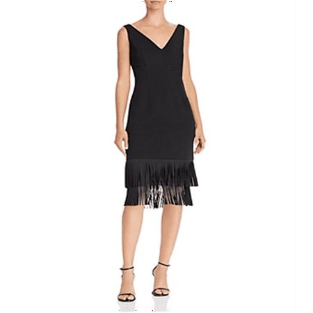 Adrianna Papell Women's Ottoman V Neck Fringe Dress Black Size 8