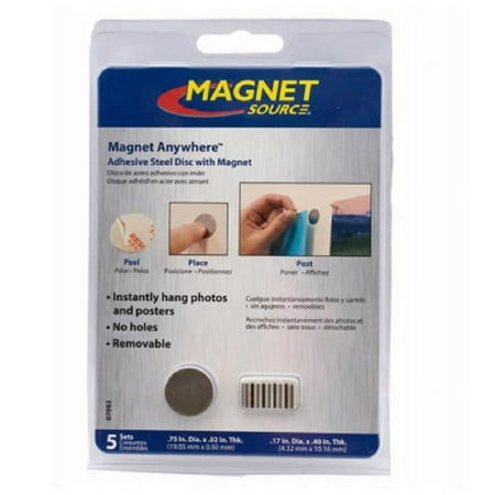 Master Magnetics Magnet Anywhere Steel Discs, Adhesive Back .75-In. Diam., 5-Pk.