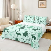 Manfei Green Xmas Tree Bed Sheets for Teen, Cartoon Reindeer Animal King Sheets, Merry Christmas Sheet Set, Breathable Home Decor, 4pcs