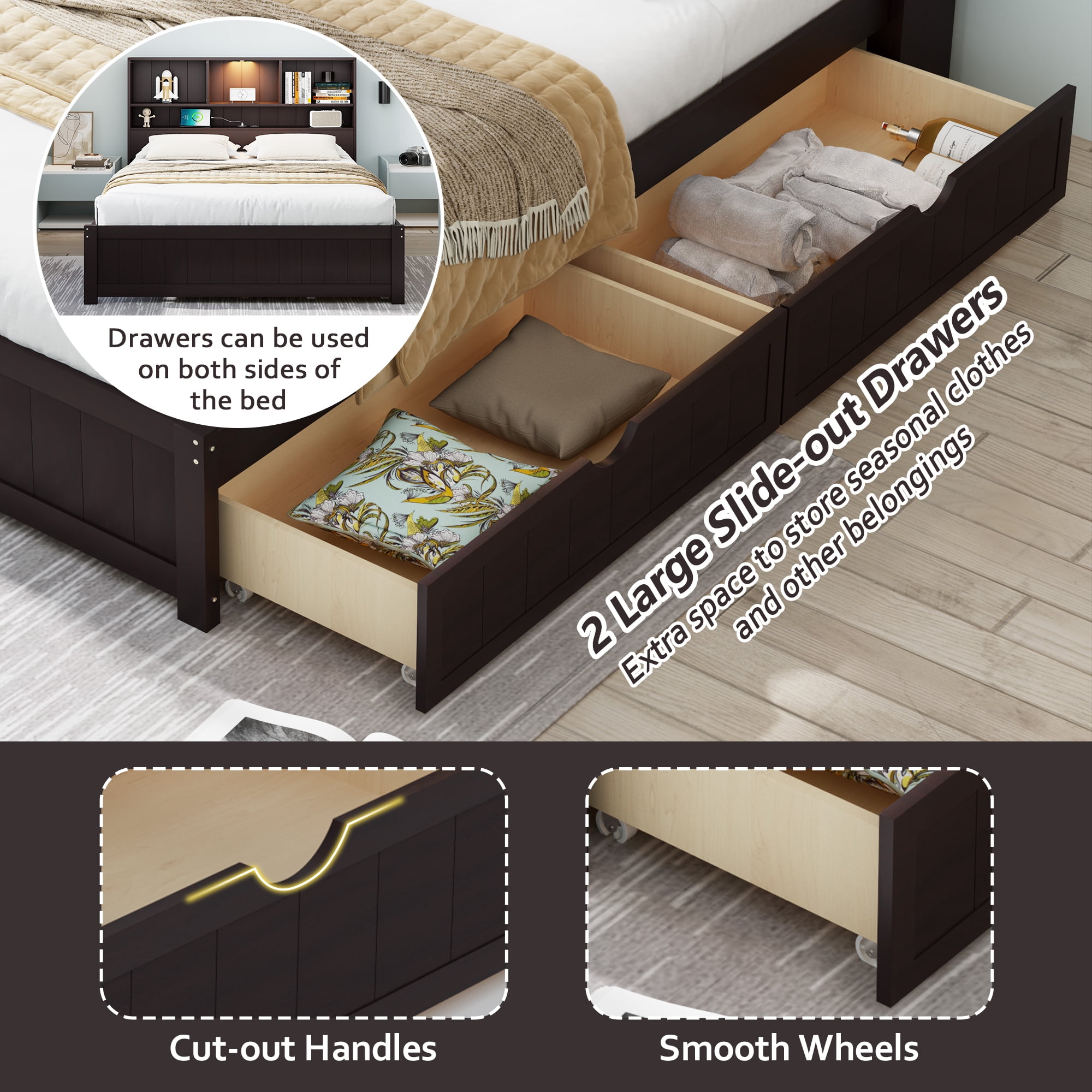 Euroco Wood Twin Size Platform Bed with Storage Headboard and Drawers, LED Light and USB Charging, Espresso