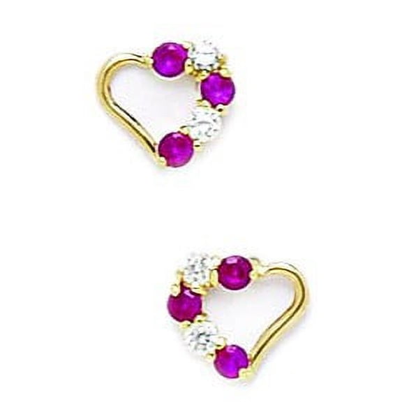 14k Yellow Gold July Red Cubic Zirconia Heart Screw-Back Earrings - Measures 7x8mm