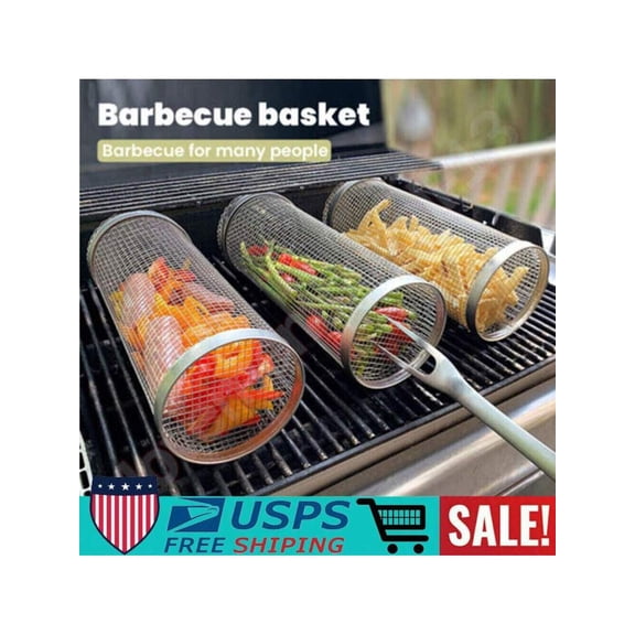 Rolling Grill Basket for Outdoor BBQ, Stainless Steel Cylinder Barbecue Mesh Net, Portable Grilling Cage for Meat and Vegetables, Heavy Duty Round BBQ Rack for Camping, Large