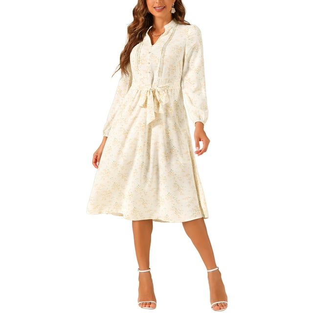 Vestido Floral de Manga Larga con Escote en V, Plisado y Fluido para Verano, Midi, S Beige