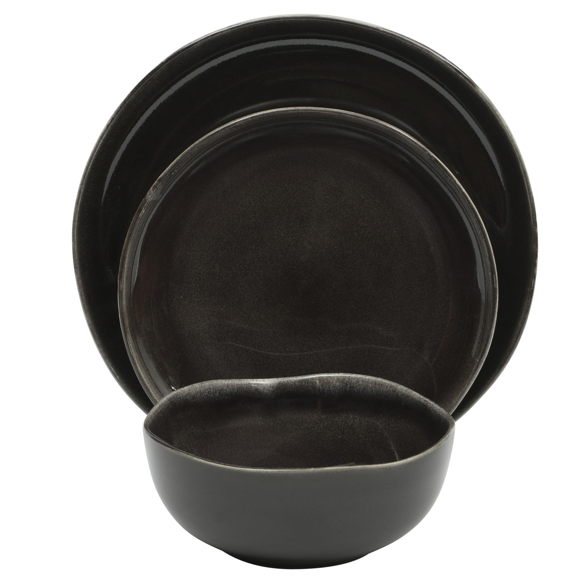Gibson Soho Lounge Nardini 12 Piece (Service for 4) Plates and Bowls Reactive Glaze Dishes Stoneware Ceramic Dinnerware Set - Black and Blue