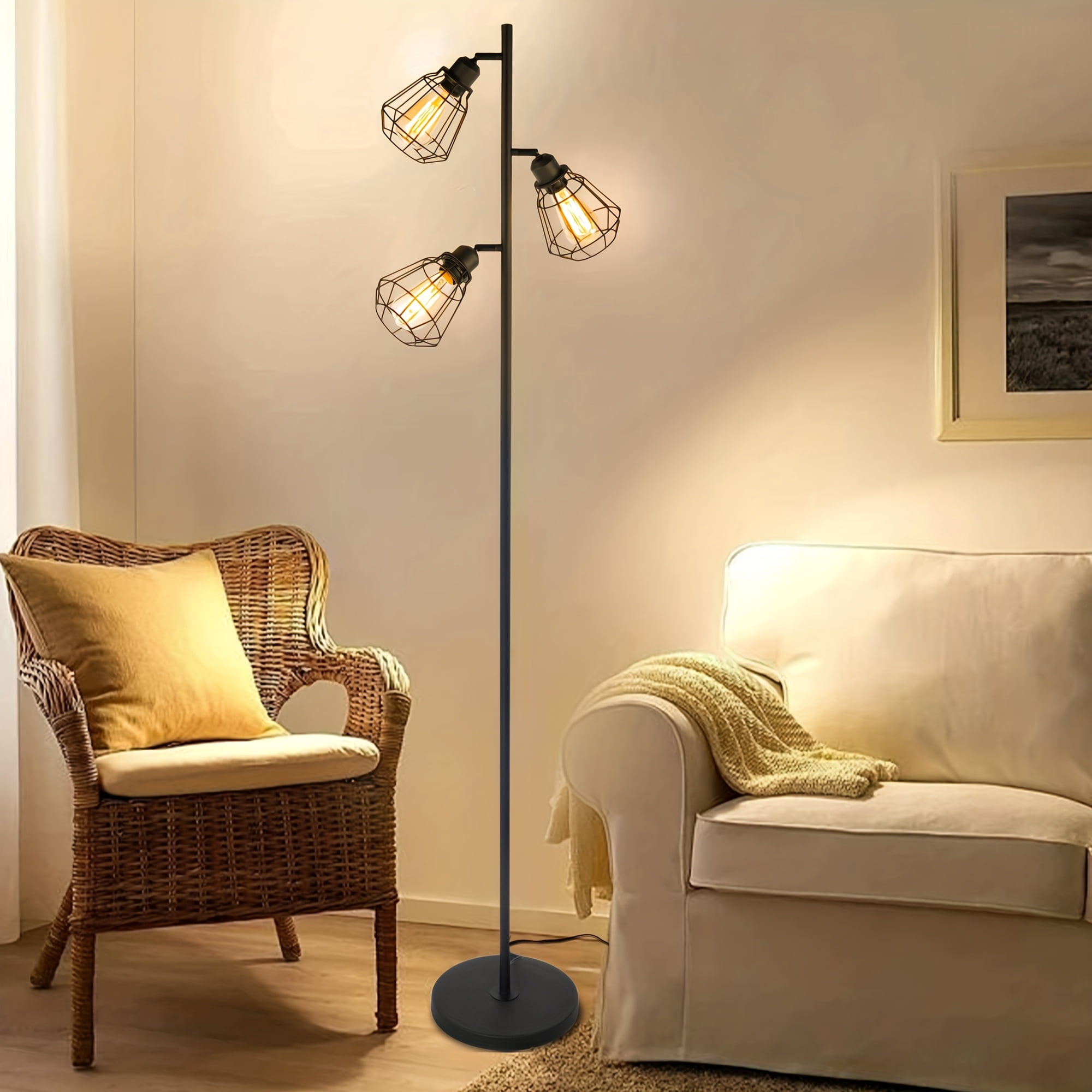 Tree Floor Lamp for Living Room with 3 Elegant Teardrop Heads And ST64 Edison Bulbs, Sturdy Base, Tall Vintage Pole Lamp for Cottage Rustic Bedroom Office