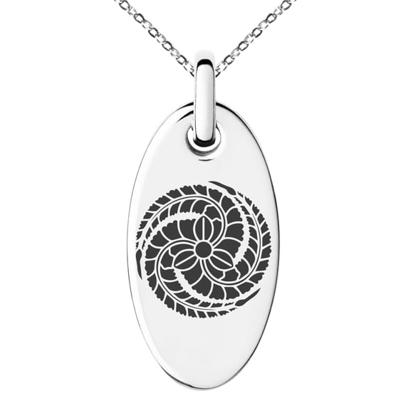 Stainless Steel Odera Samurai Crest Engraved Small Oval Charm Pendant Necklace