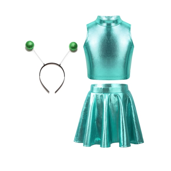 Kaerm 3Pcs Space Alien Outfit for Girls Holographic Metallic Skirt with Crop Top and Hair Hoop Set Lake Blue 12