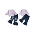 thumbnail image 2 of Miaouyo Toddler Baby Girl Fall Spring Outfits 6 12 18 24 Months 2T 3T Crochet Flower Long Sleeve Round Neck Pullover + Elastic Waist Denim Flare Pants Set, 2 of 9