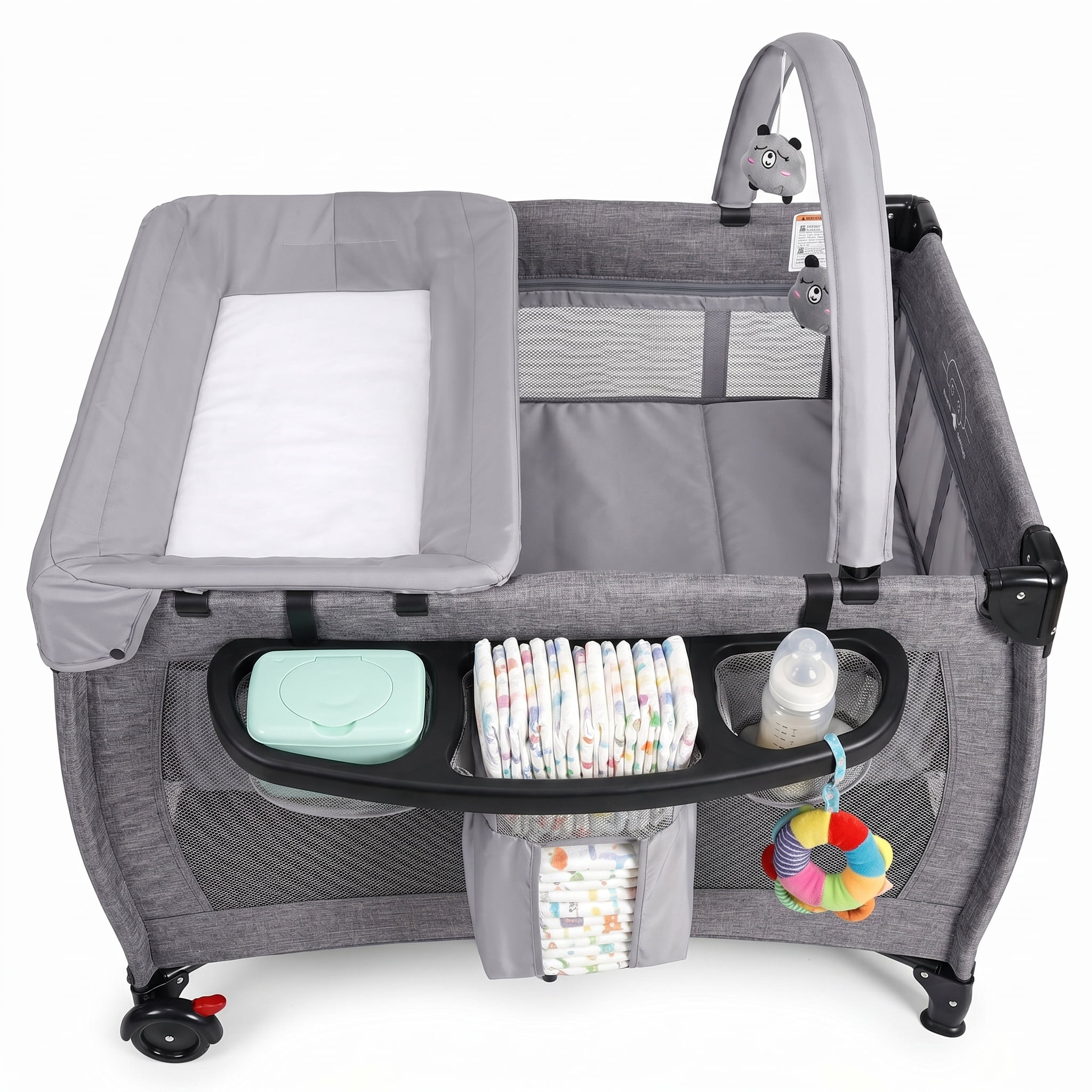 SACVON Baby Playard with Detachable Infant Bassinet and Changing Table, Foldable Travel Play Yard with Storage Basket and Wheels, Gray