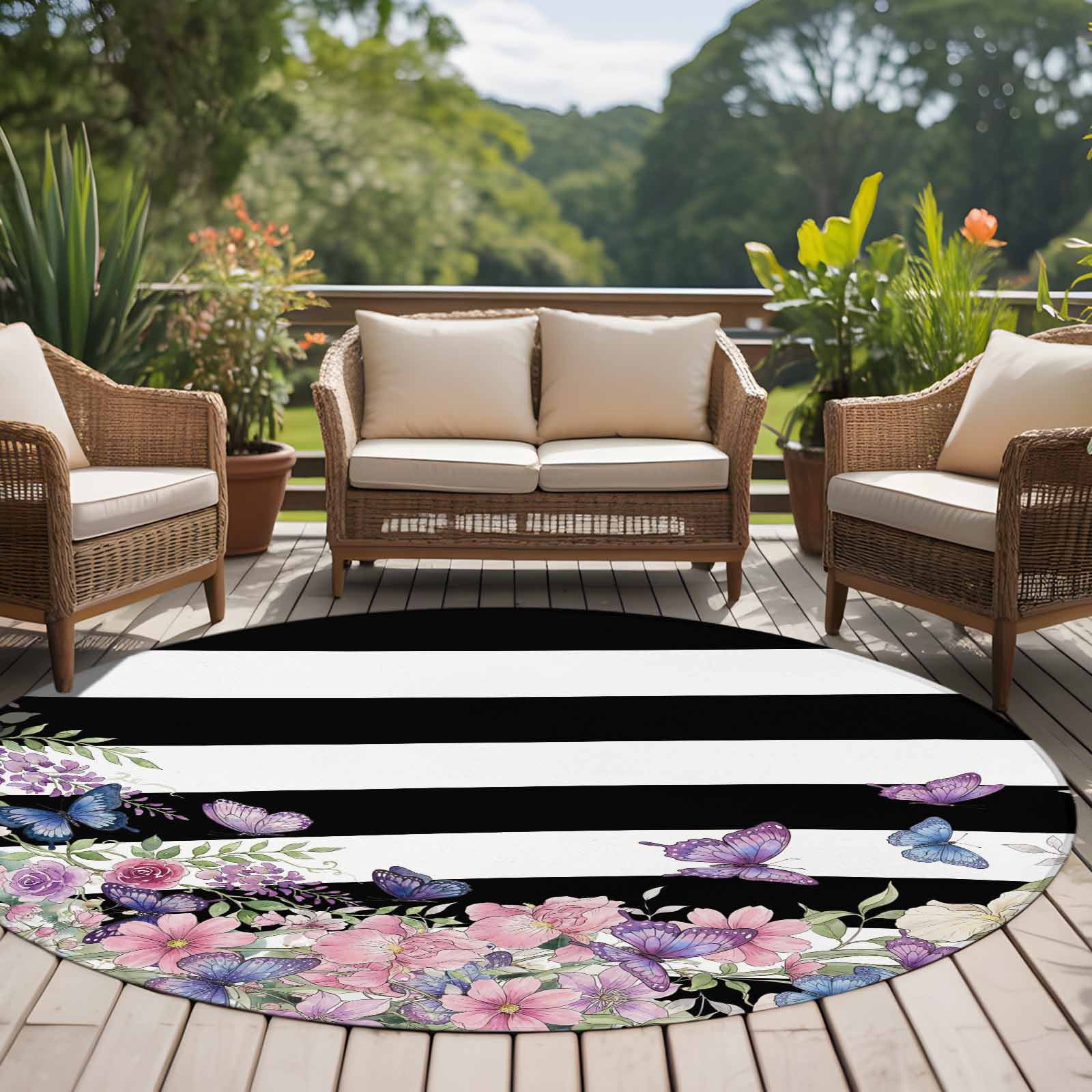 Pink Flowers Round Area Rug 5Ft Washable Circle Rugs for Living Room Bedroom, Spring Floral Watercolor Botanical Farmhouse Striped Non-Slip Carpet Floor Mats Indoor Outdoor Carpet Runner Home Decor