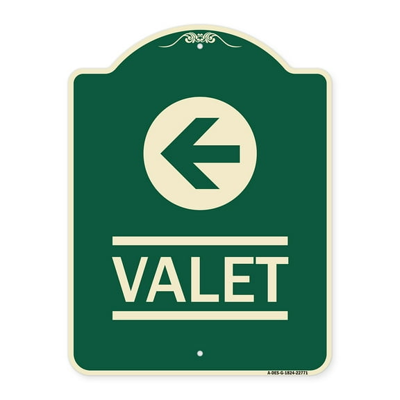 SignMission Designer Series Sign - Valet Left Arrow | Green & Tan 18" x 24" Heavy-Gauge Aluminum Architectural Sign | Protect Your Business & Municipality | Made in the USA