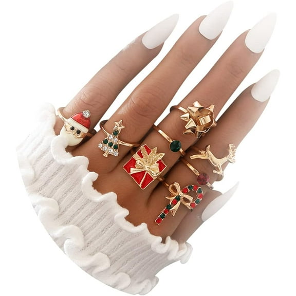 8 PCS Christmas Rings for Women Christmas Tree Bow Candy Cane Santa Rings Christmas Gift