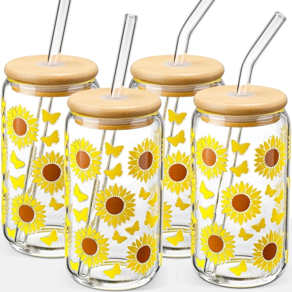Juego de 4 vasos de vidrio DWTS DANWEITESI de 16 oz con girasol
