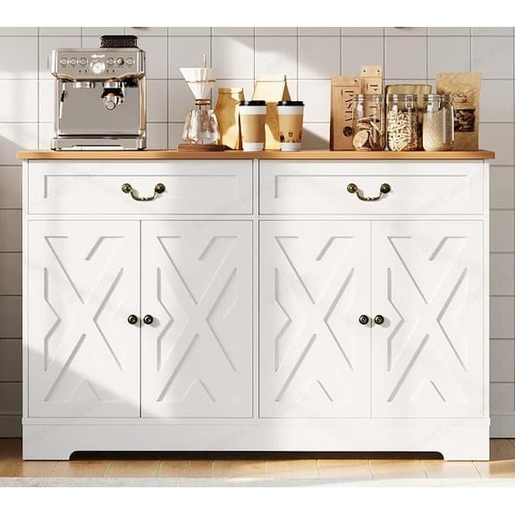 57 Inch White Modern Farmhouse Sideboard Buffet Cabinet with 2 Drawers and Adjustable Storage Shelves for Dining Room and Living Room
