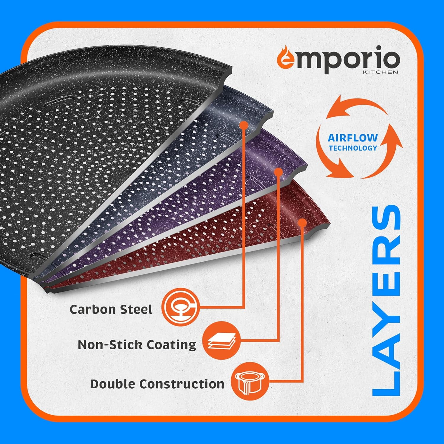 Emporio Kitchen Pizza Baking Pan - 15.75-Inch Round Perforated Carbon Steel Tray with Non-Stick Gray Marble Coating, Airflow Design, Dishwasher & Oven Safe (Up to 450°F), Gray
