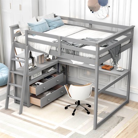 Full Size Loft Bed with Desk  Wooden Bed Frame with Book Shelves and Two Storage Drawers for Bedroom  Solid Wood Bed Frame for Teens Kids Toddlers Adults  No Box Spring Needed  Gray
