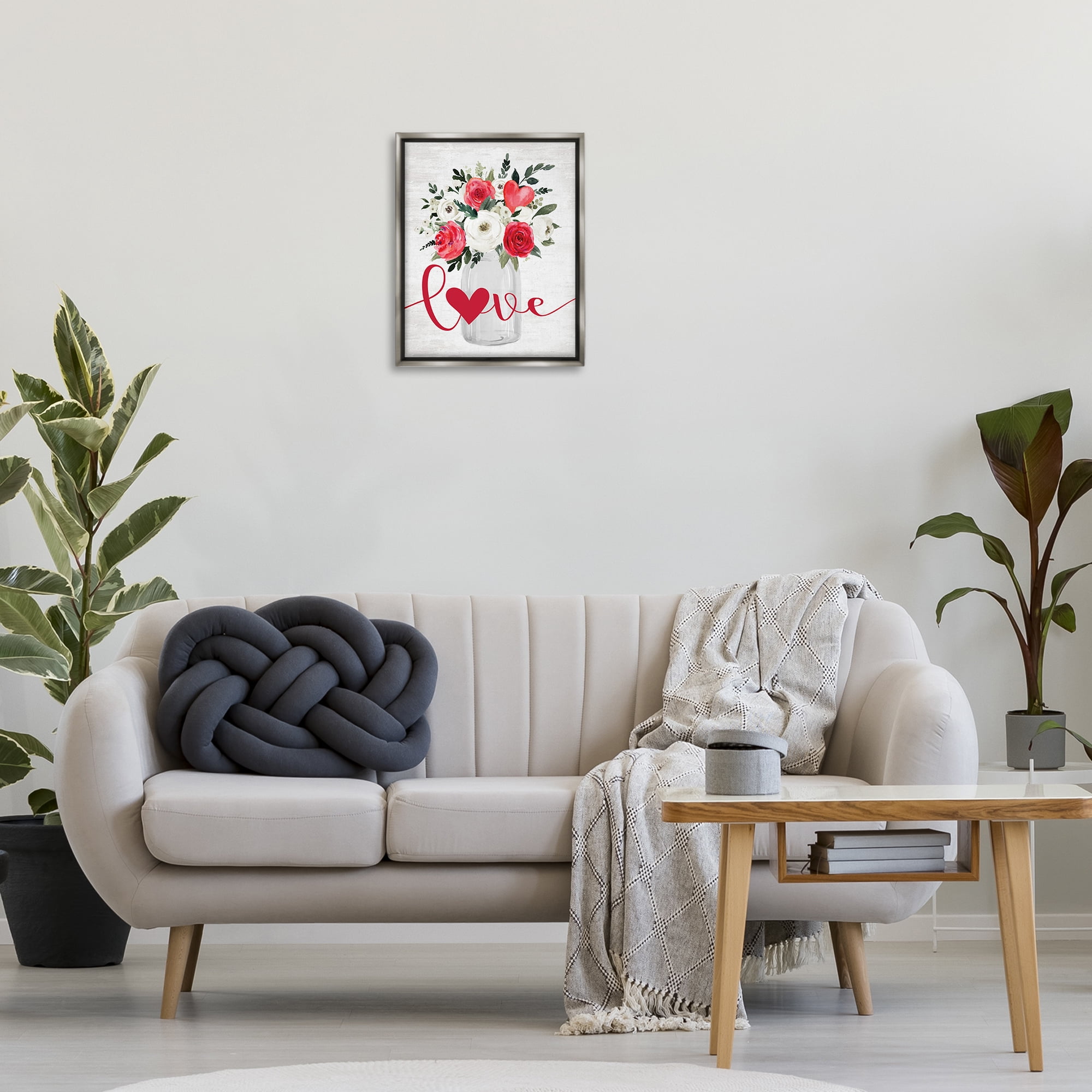 Stupell Industries Red Love Bouquet Botanical & Floral Painting Gray Floater Framed Canvas Art Print Wall Art, 17 x 21