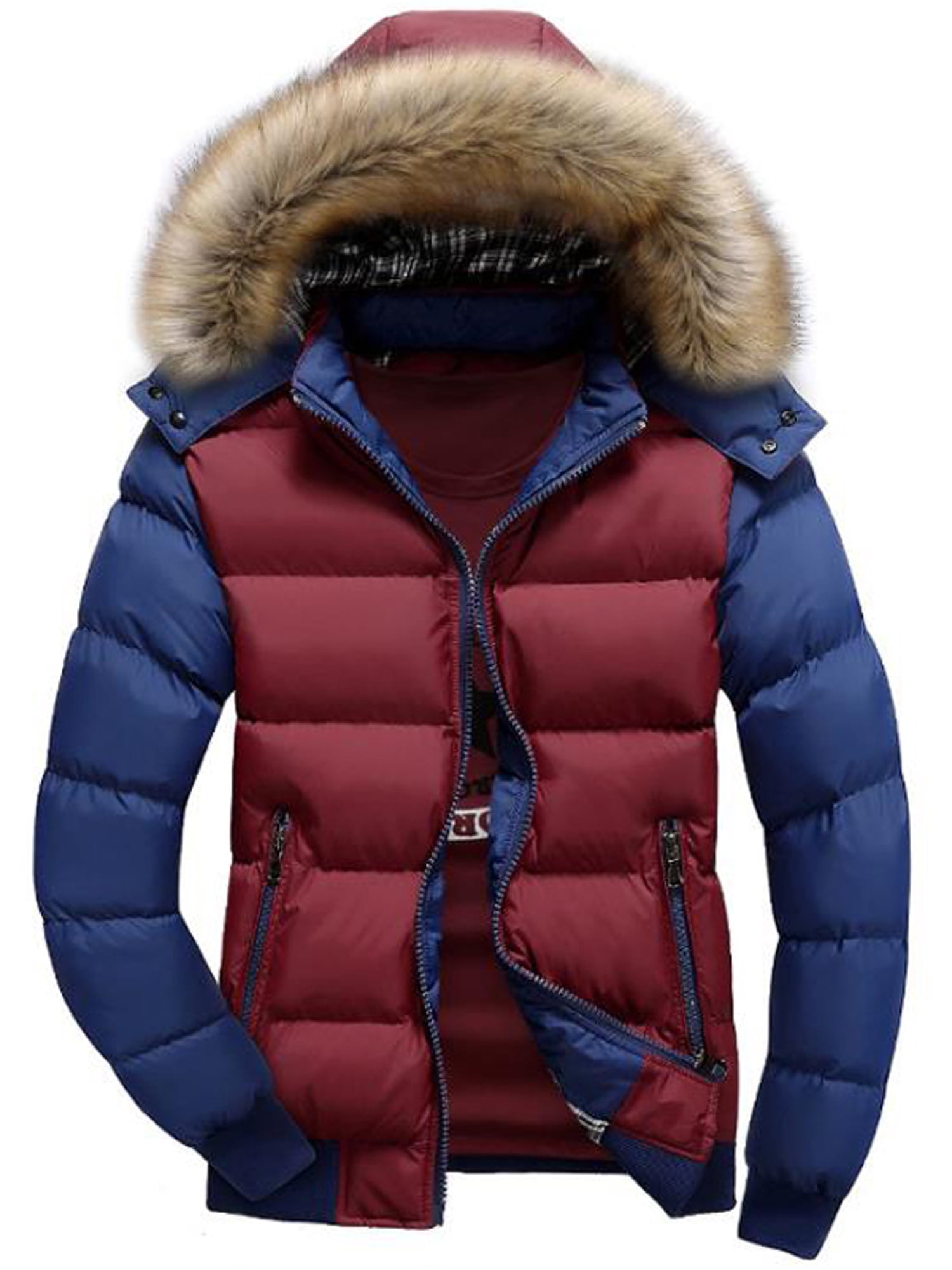 red patchwork fuzzy hooded coat