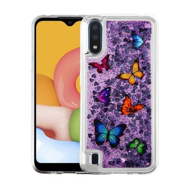For Samsung Galaxy A01 Case, by Quicksand Glitter Butterfly Hard Plastic/Soft TPU Rubber Case