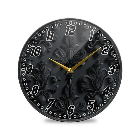 Wall Clock Battery Operated Non-Ticking Silent for Living Room Bedroom Kitchen Office Decor 3d Dark Black Damask 9.5
