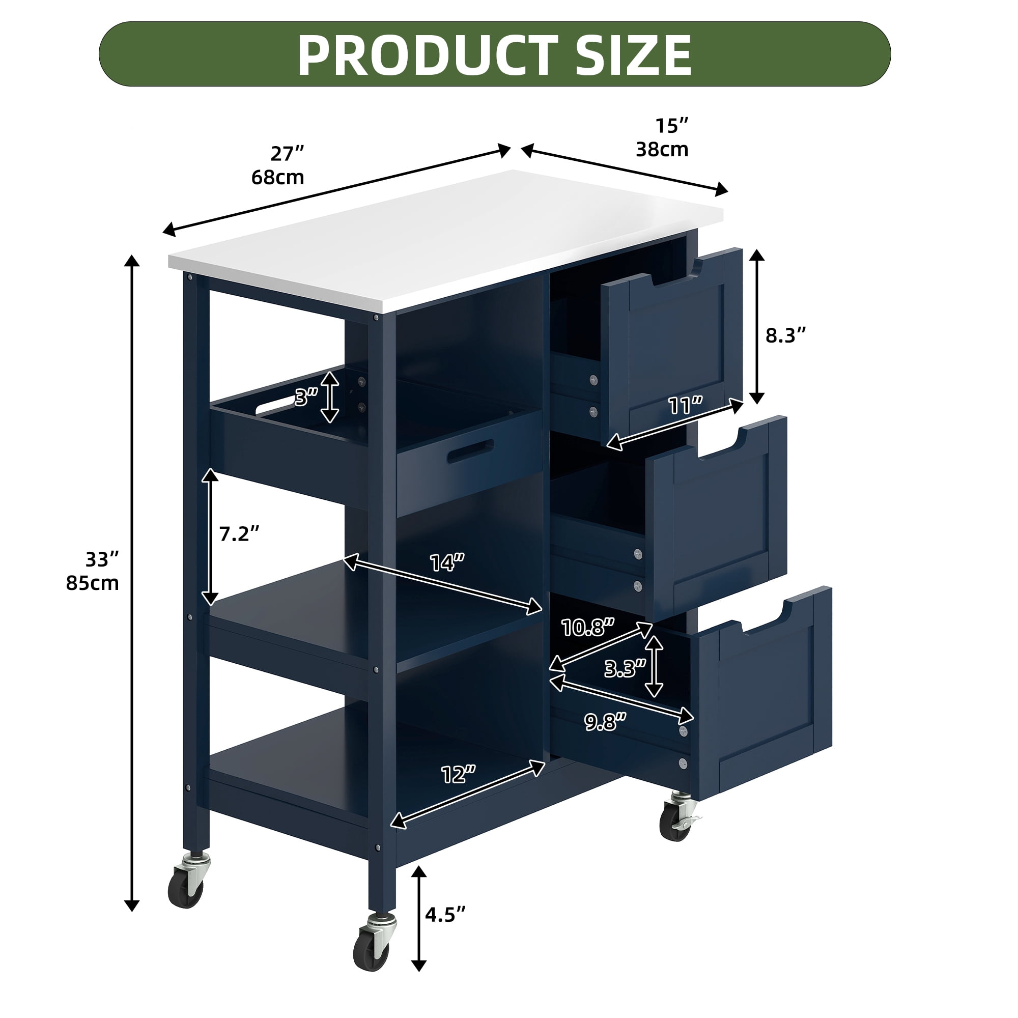Uforic Kitchen Storage Cart with Drawers & Open Shelves, Rolling Kitchen Island, Blue