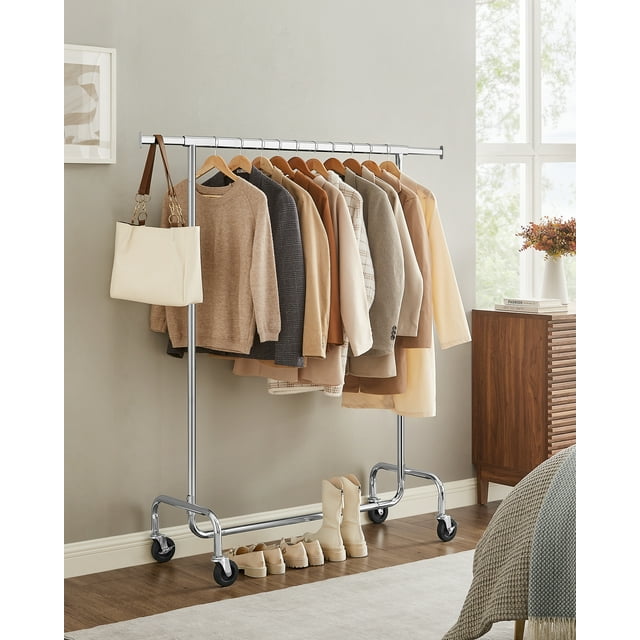 SONGMICS Burro Ropa con Ruedas, Perchero Burro Extensible, Carga Pesada, Carga de 130 kg, Fácil de Montar, Portátil, Plata