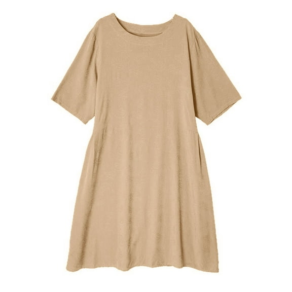 Edvintorg Plus Size Womens Dresses Fashion Solid Color Round Neck Short Sleeve Cotton And Linen Dress Women Beach Fashion Casual Loose Summer Dress
