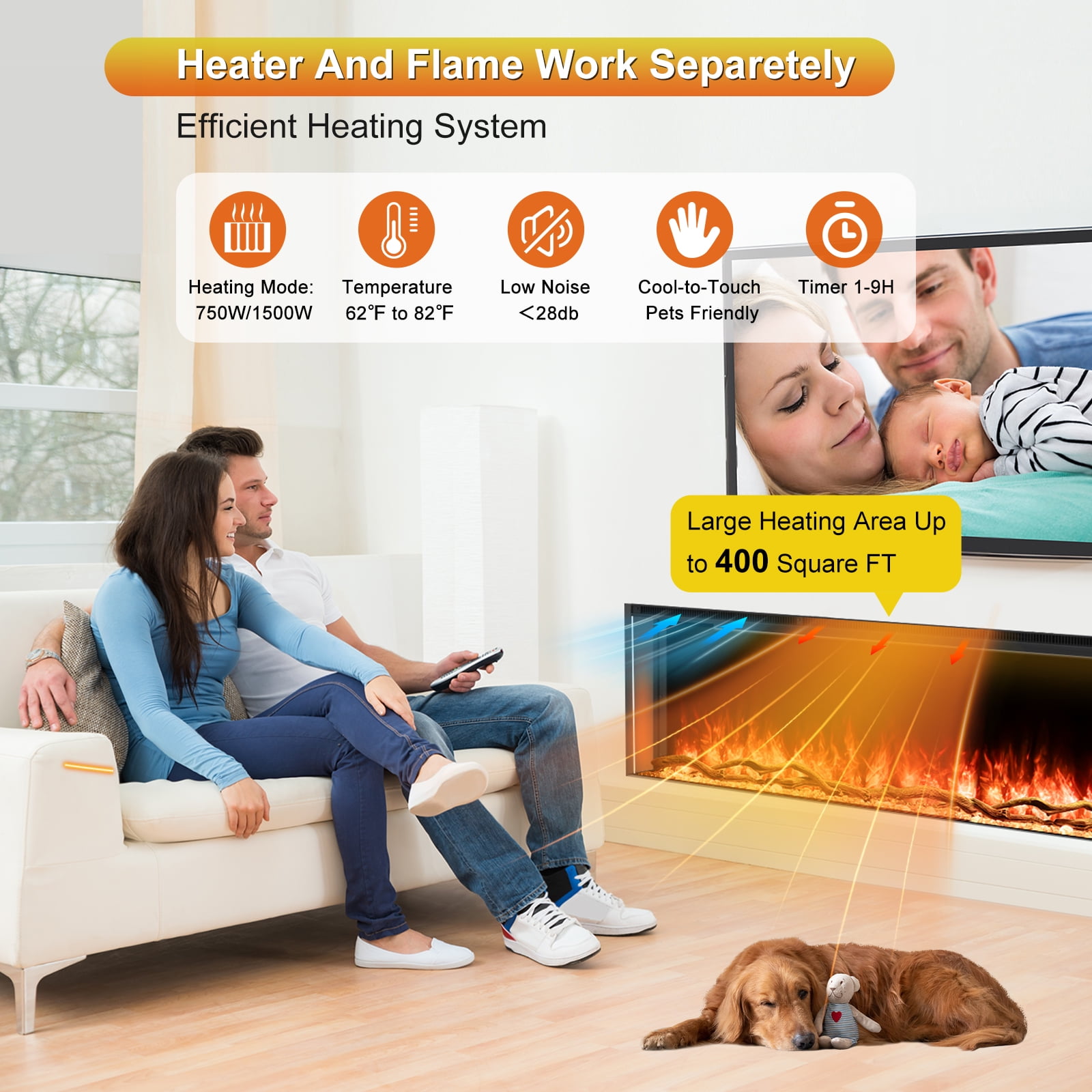 OSEYM 3 Sided Electric Fireplace 80 inch, Smart Built-in Linear Fire Places Heater 1500/750W with 251RGB LED Flames, APP & Remote Control, Cracking Sound, Timer, Log & Crystal