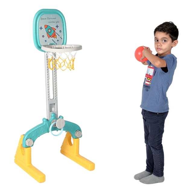 Juguete Canasta Infantil 3 En 1 Basquet Futbol Y Tiro Color Azul con Amarillo
