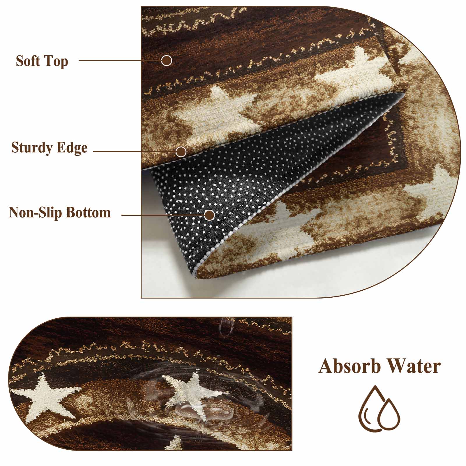 Brown Texas Star Western Kitchen Runner Rug 2x6 Washable Runners for Hallway Non Slip Country Retro Wooden Large Area Rug Indoor Floor Carpet for Bathroom Laundry Entryway Bedroom Living Room