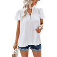 thumbnail image 1 of Blusa de manga con volantes y cuello en V para mujer Camisa elegante y fluida con adornos de volantes Tops casuales lindos de verano Blanco S, 1 of 8