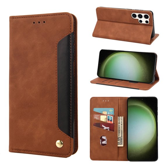 For Samsung Galaxy S21 Ultra Case Vintage PU Leather Wallet Case TPU Bumper [RFID Blocking Card Slots] [Hands-Free Kickstand] [Magnetic Closure] Shockproof Flip Folio Case,Brown