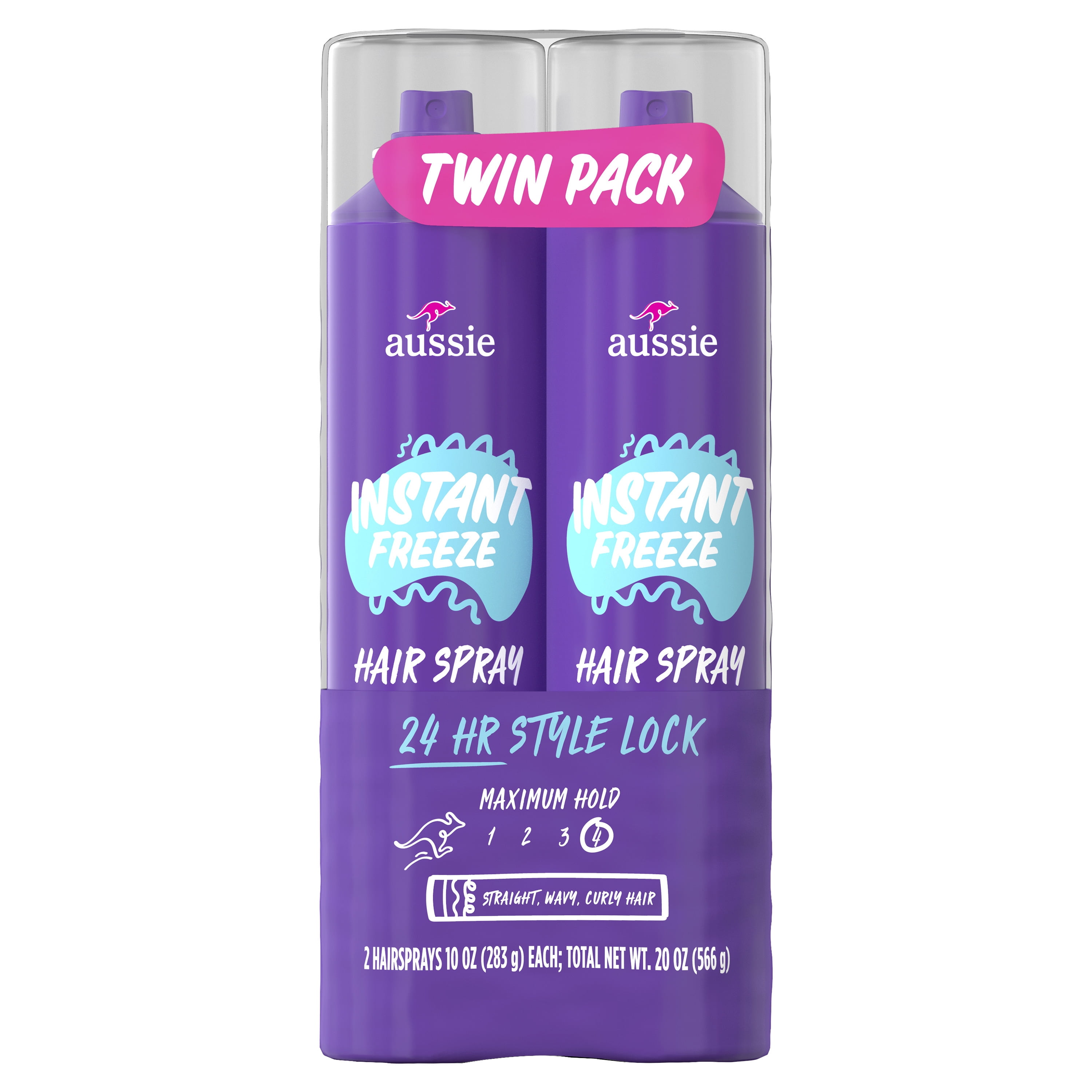 Aussie Instant Freeze Hair Spray Twin Pack for Curly Hair, Straight Hair, and Wavy Hair, 10 oz