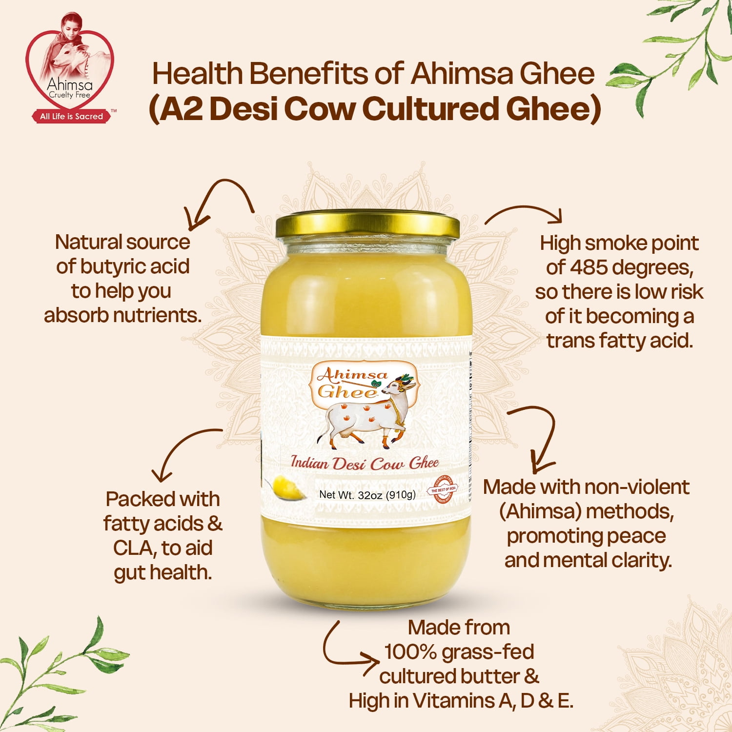 Ahimsa Ghee - Pure Indian Desi Cow Yogurt Based Cultured A2 Ghee - 32 oz (910 gm)