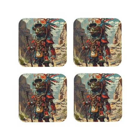 

Tideii Tribal Futuristic Warrior for Leather Coasters 4 Pieces Anti-fouling and Anti-scalding Decorative Coasters Suitable for Restaurants Kitchens Coffee Shops-Square