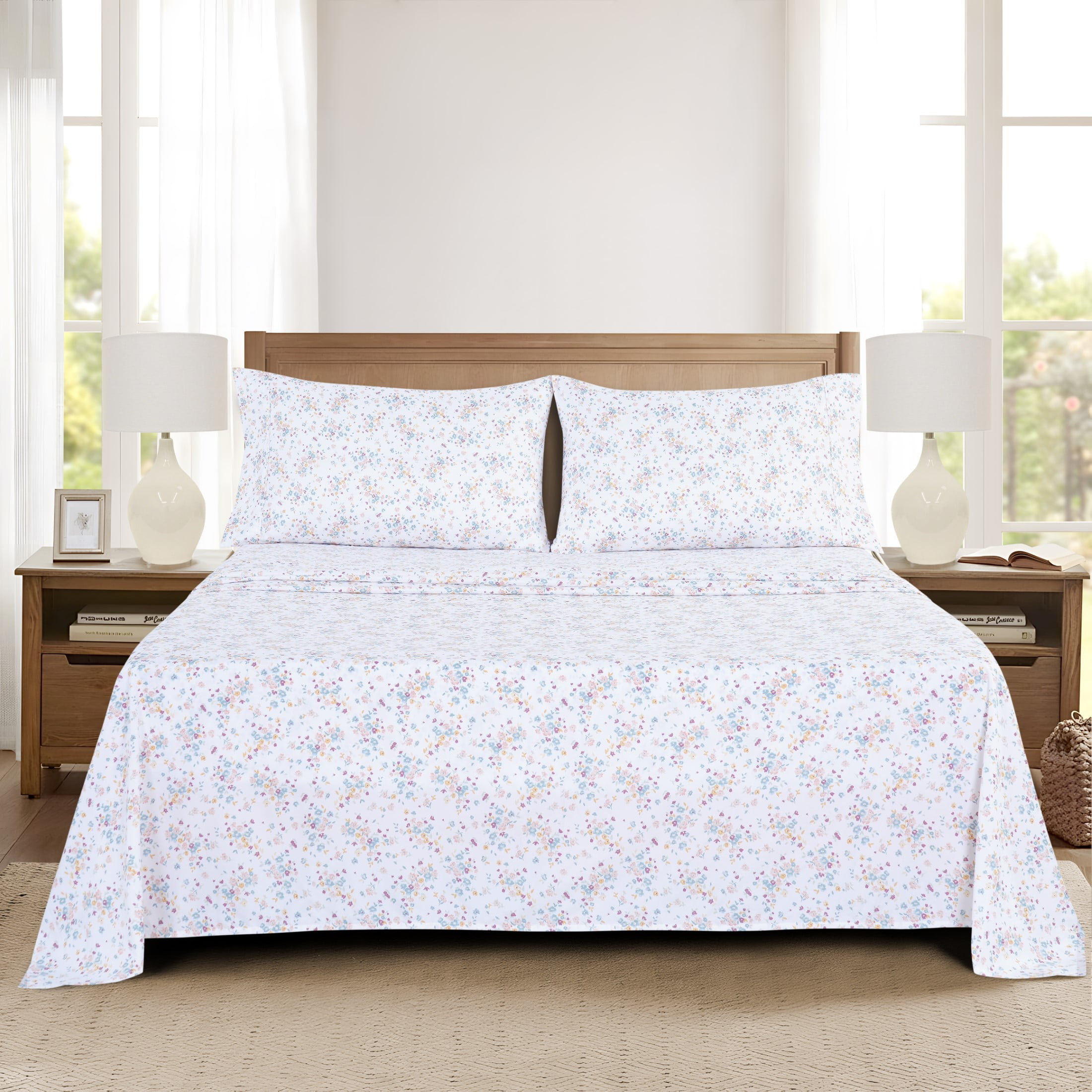 Mainstays Super Soft Brushed Microfiber Pillowcase Set, White Floral, King, 2 Piece
