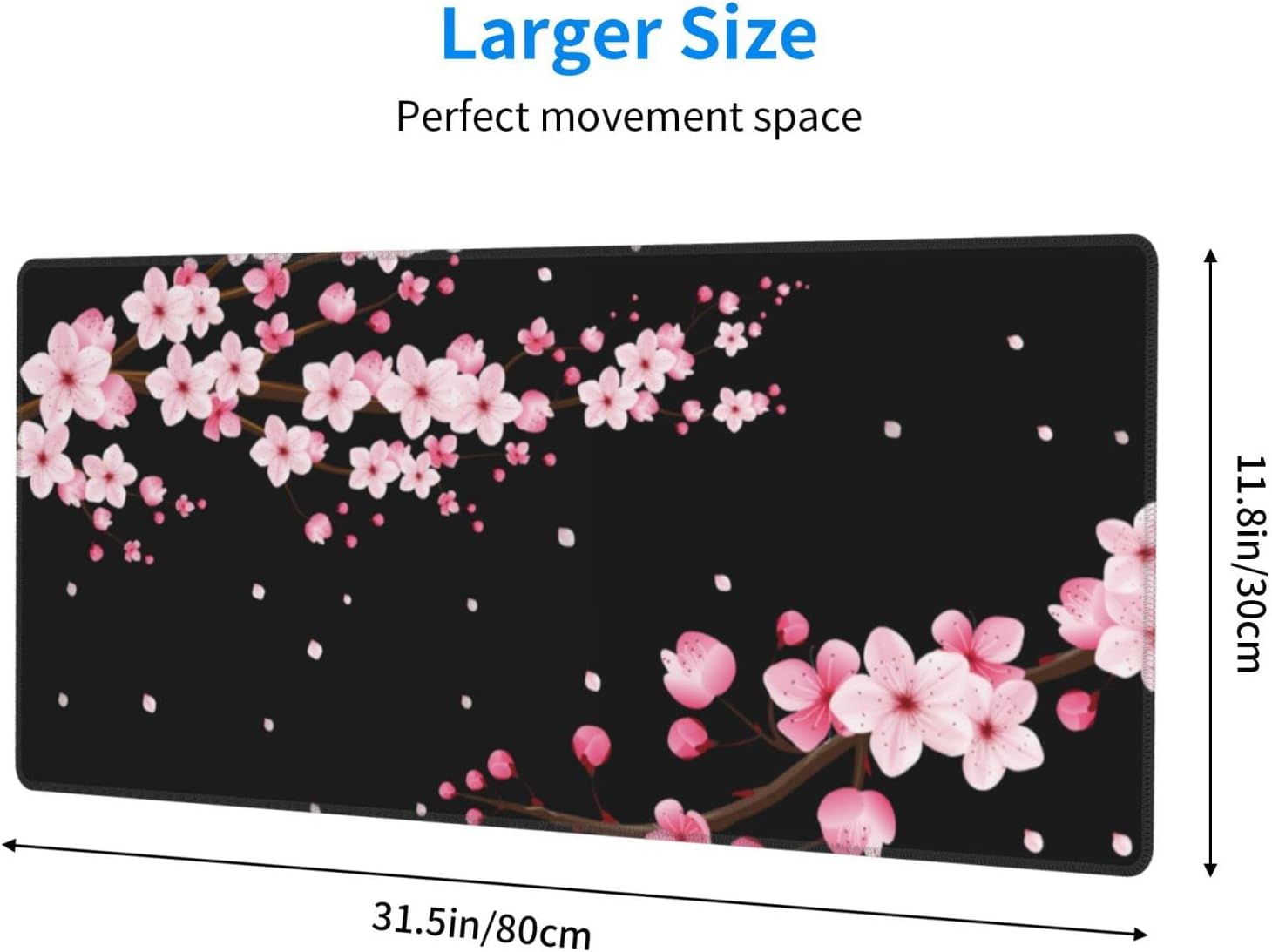 Pink Cherry Blossom Mouse Pad 31.5x11.8 Inch Black Japanese Anime XL Large Gaming Extended Mousepad Big Desk Pad Stitched Edges Rubber Keyboard Mat for Office Desktop