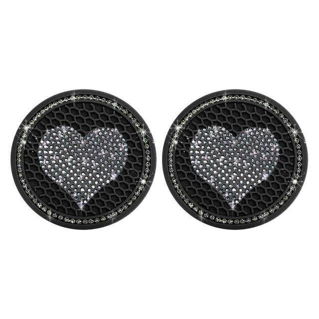 2Pack Heart Bling Car Cup Mats - PVC+Rhinestone,Non-Slip, Heat-Resistant - For Women, Car/Home/Office Decor (Black)