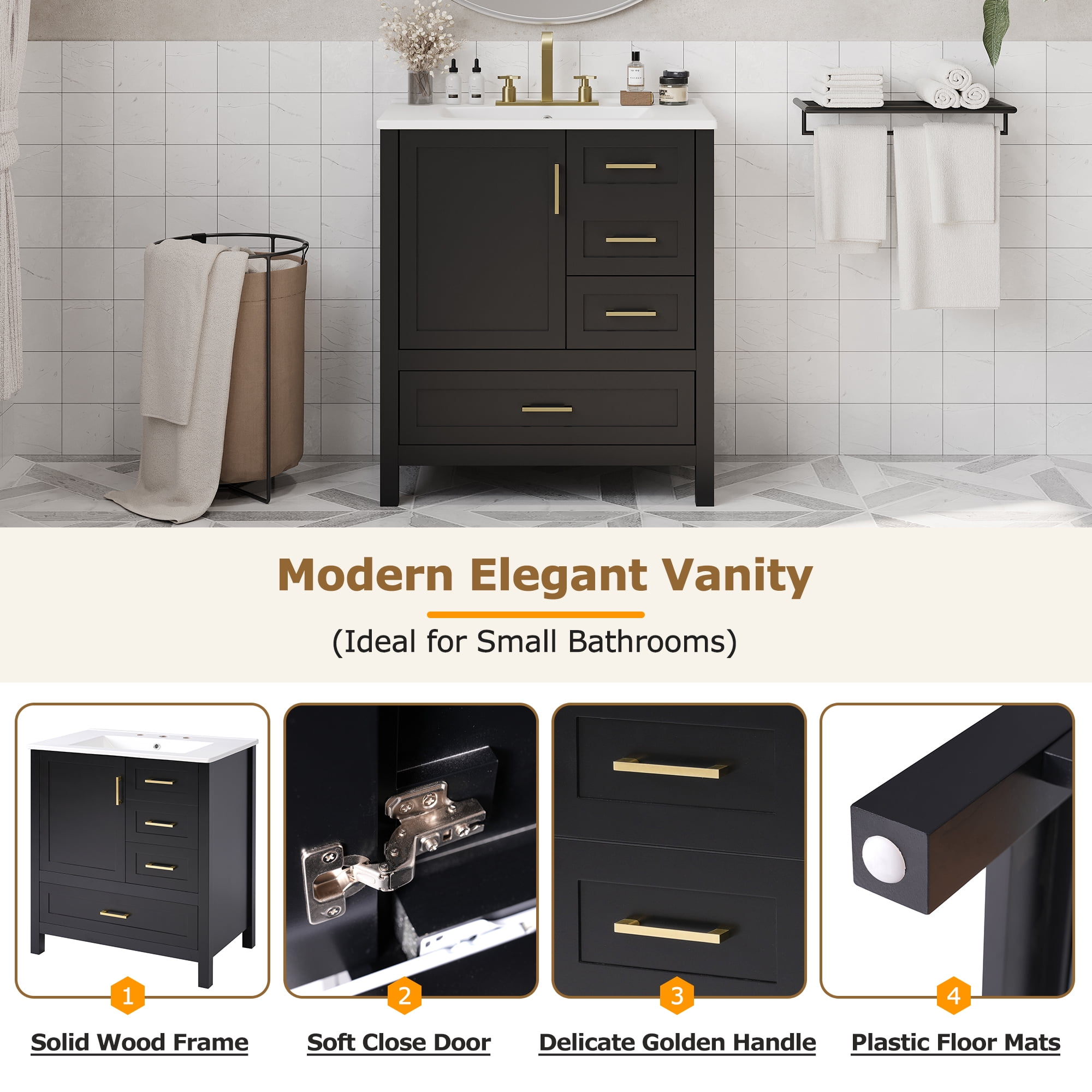 Euroco 30" Black Bathroom Vanity with Sink Combination Set, Bathroom Storage Cabinet with Soft Close Door, 3 Soft Close Drawers and Removable Tray, Solid Wood Frame