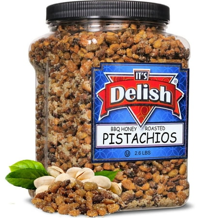 BBQ Honey Roasted Pistachio Shelled, No Shell by It's Delish, 2.6 LBS Reusable Jumbo Container Gourmet Pistachio Shelled, No Shell in Honey Sugar Coating and Barbecue Seasoning, Sweet &...