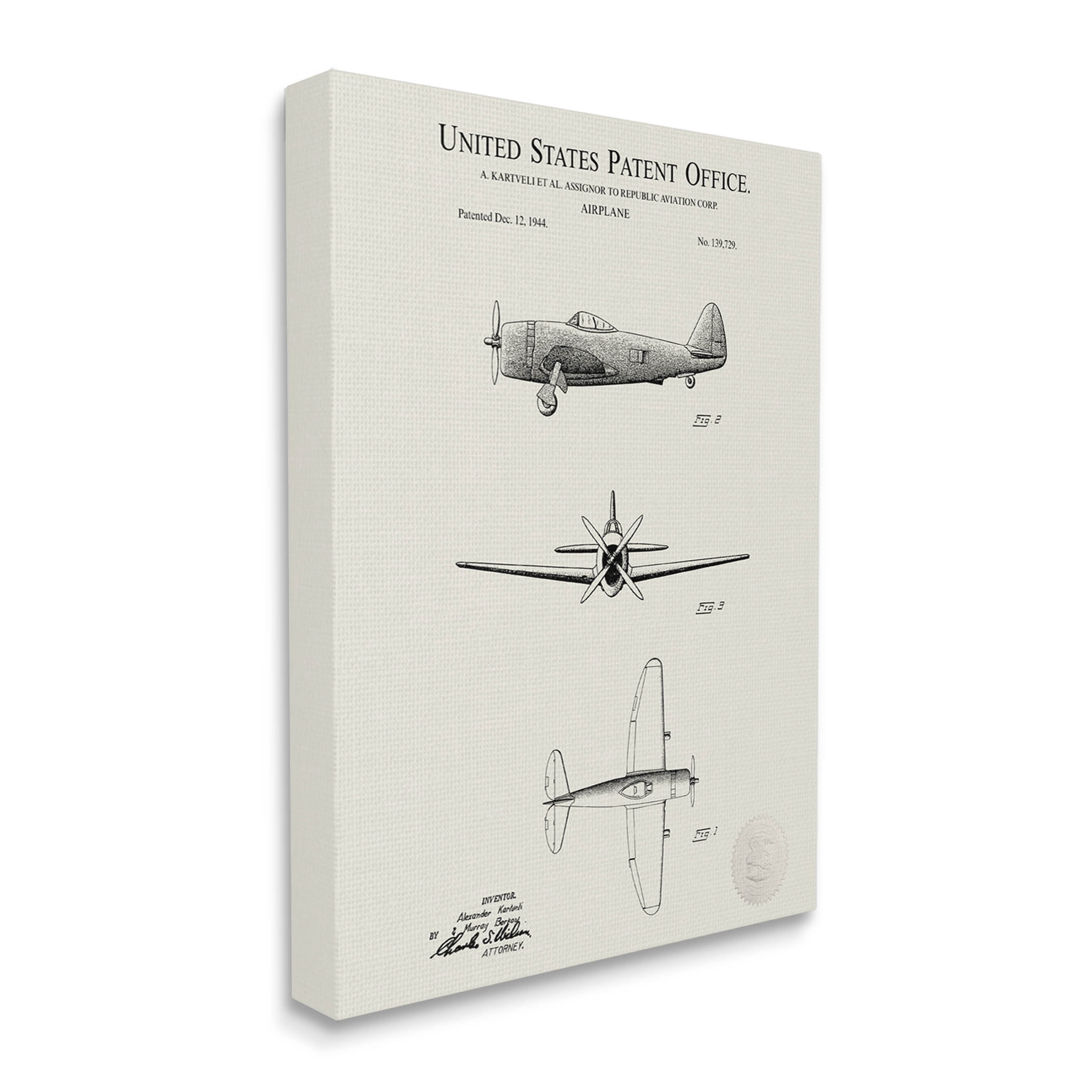Stupell Industries Historic Aircraft Patent Diagram Graphic Art Gallery Wrapped Canvas Print Wall Art, Design by Karl Hronek