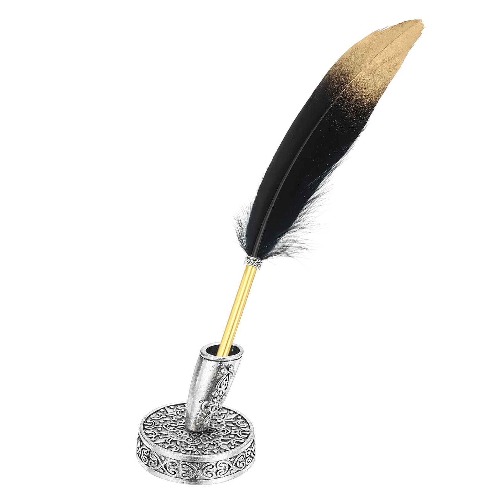 Uxcell 20Pcs Feather Ballpoint Pens Bulk, 0.5mm Black Ink Vintage Plated Rod Quill Writing Pens for Office, Wedding