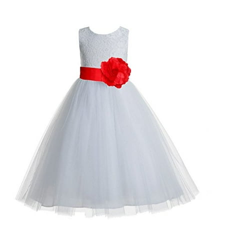 

EkidsBridal White Floral Lace Heart Cutout Flower Girl Dresses Baptism First Communion Dresses 172T