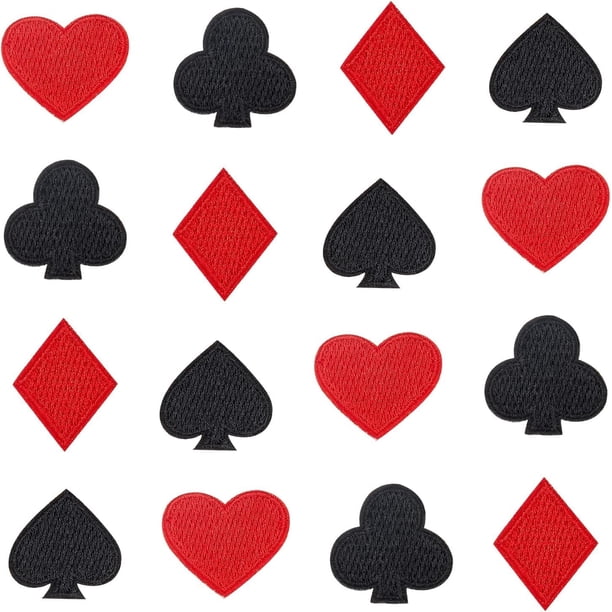 Parches de naipes autoadhesivos para coser, para póker, con bordado computarizado de espadas, diamantes rojos, tréboles negros y corazones rojos. Juegos de Las Vegas.