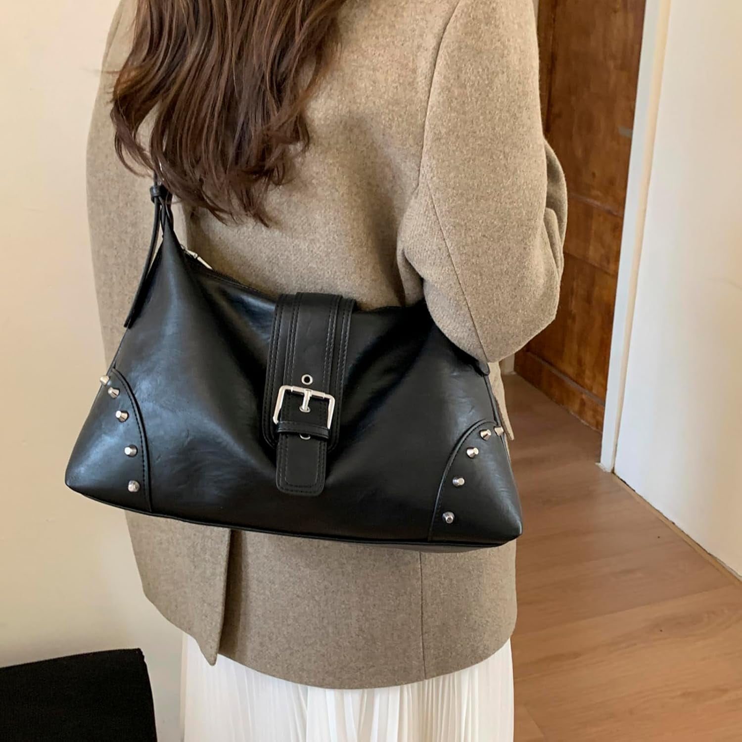 SPEKSEE Retro Motocycle Shoulder Bag with Belt Rivet Crossbody Bag for Women