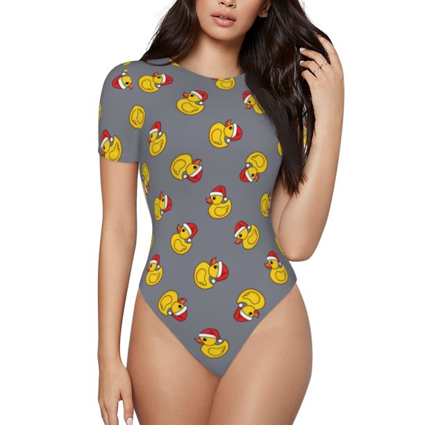 Fotbe Christmas hat duck Body de Mujer con Cuello Redondo y Mangas Cortas, Sin Mangas Ajustado, Suave, Cómodo y Básico-Medium