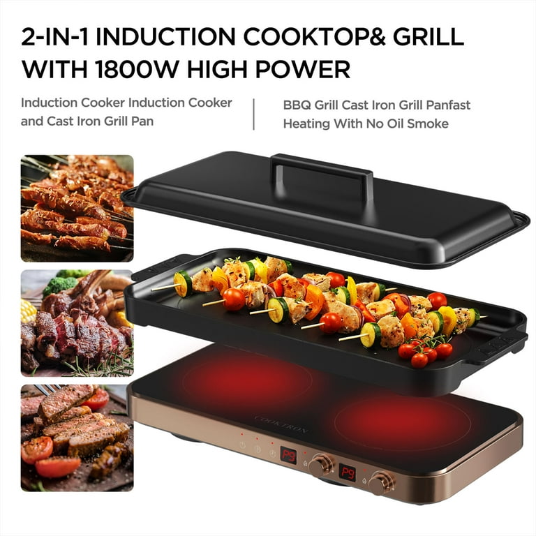 COOKTRON Portable Induction Cooktop 2 Burner with Removable Iron Cast  Griddle Pan Non-stick, 1800W Double Induction Cooktop - AliExpress