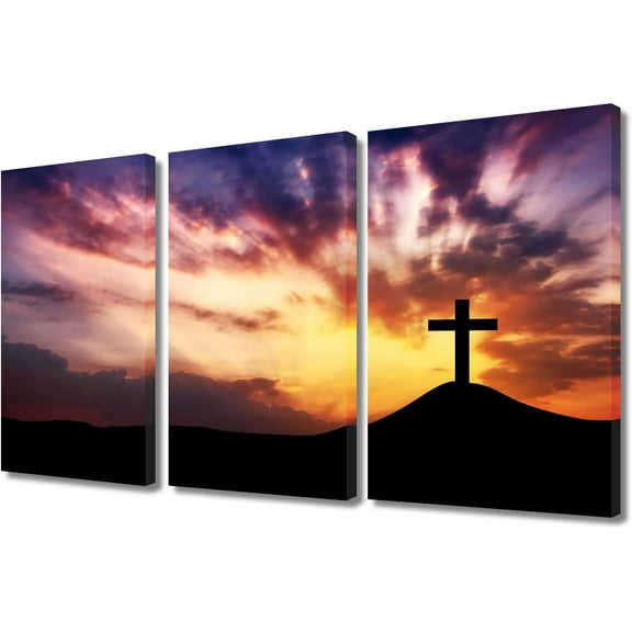 Jesus Crosses Painting Posters House Deocration for Living Room Sunset Canvas Prints Wall Decor Christian Religion Wall Art for Office Bedroom Modern Artwork Giclee Framed - 36" Wx24 H